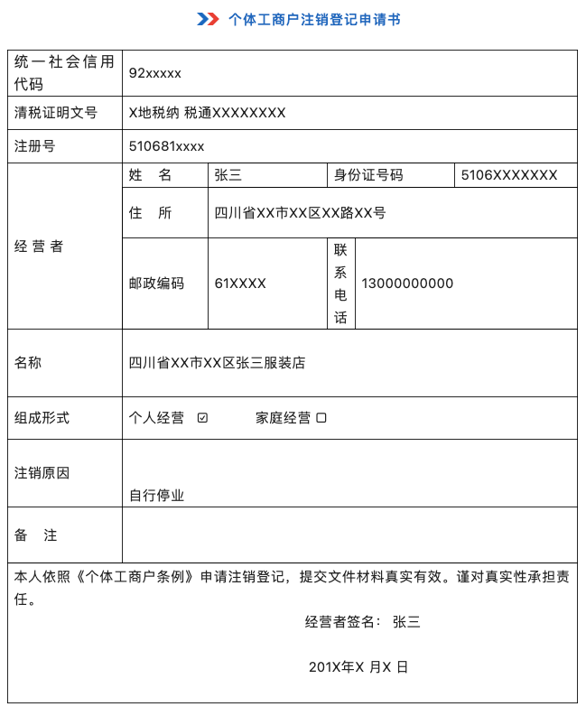 個體工商戶注銷登記申請書